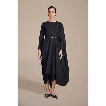 AMPM Black Nura Pre-draped Saree with Stitched Blouse and Belt