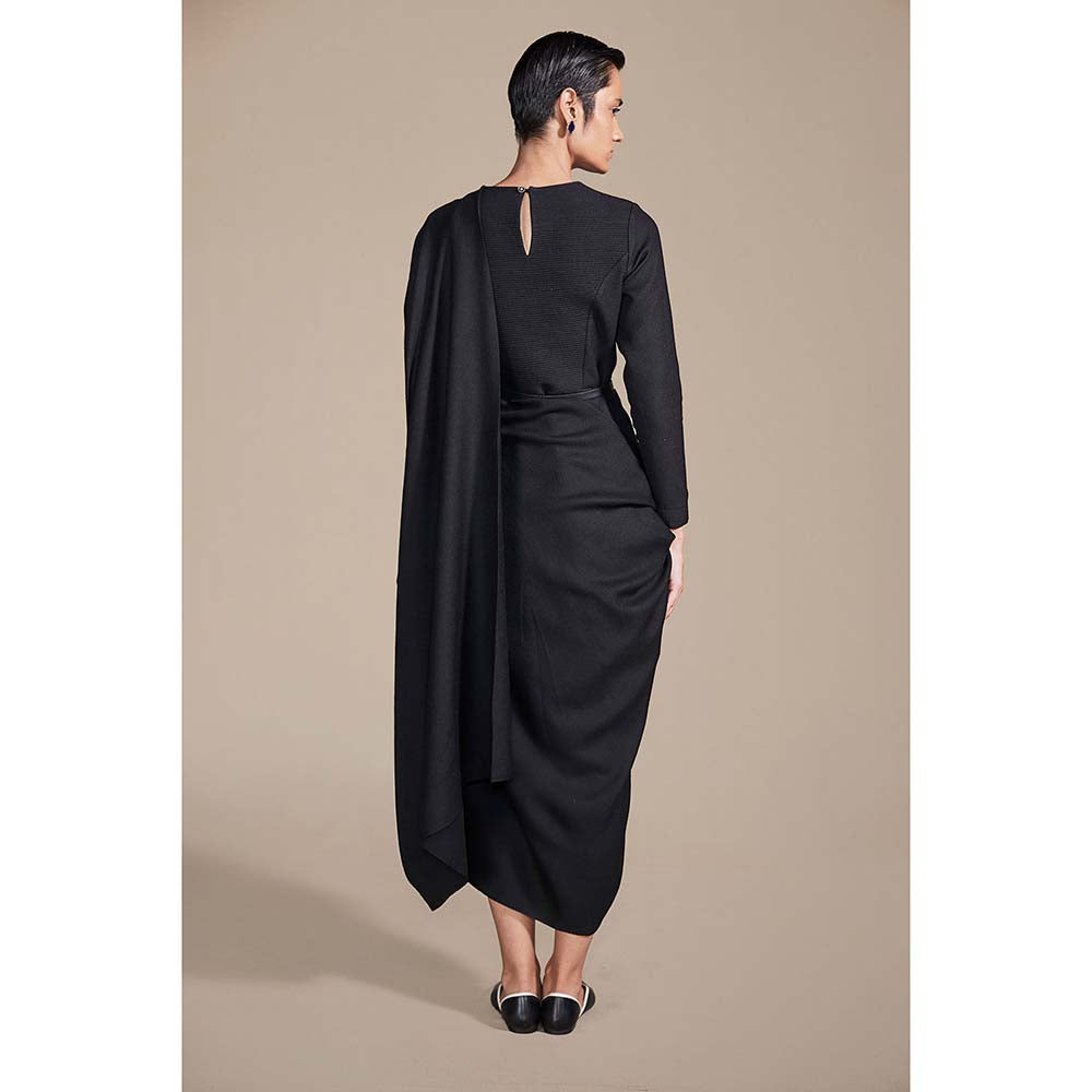 AMPM Black Nura Pre-draped Saree with Stitched Blouse and Belt