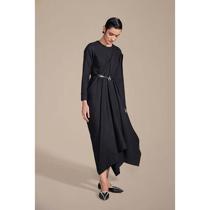 AMPM Black Nura Pre-draped Saree with Stitched Blouse and Belt