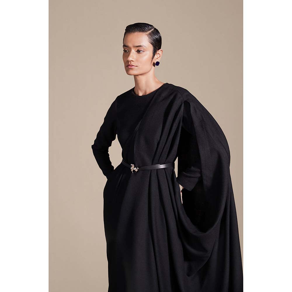 AMPM Black Nura Pre-draped Saree with Stitched Blouse and Belt