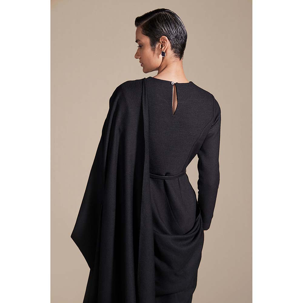 AMPM Black Nura Pre-draped Saree with Stitched Blouse and Belt