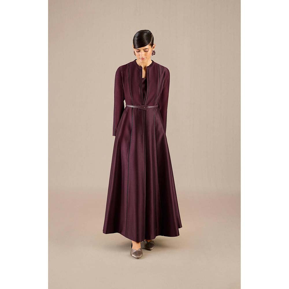 AMPM Burgundy Rumeha Abaya Jacket with Inner, Pant and Belt (Set of 4)