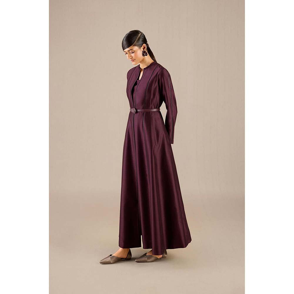 AMPM Burgundy Rumeha Abaya Jacket with Inner, Pant and Belt (Set of 4)
