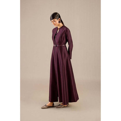 AMPM Burgundy Rumeha Abaya Jacket with Inner, Pant and Belt (Set of 4)