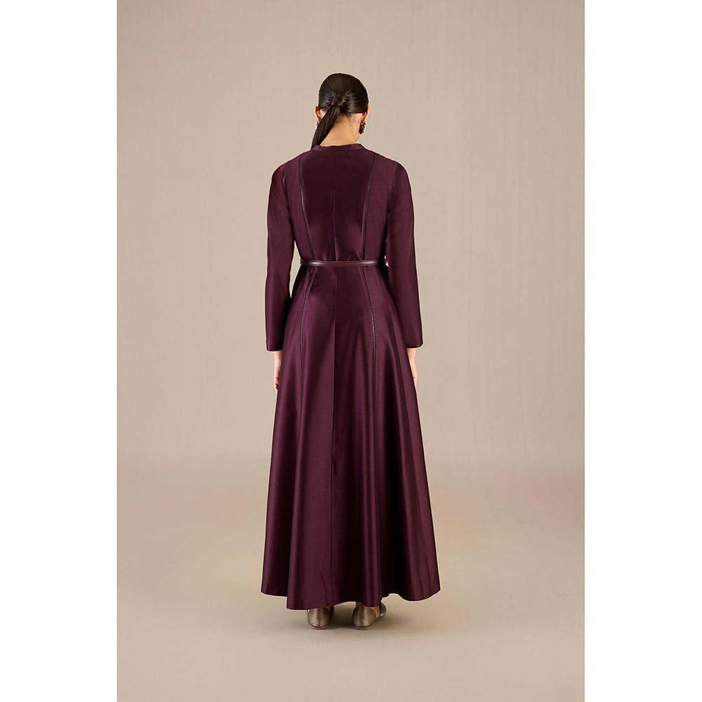 AMPM Burgundy Rumeha Abaya Jacket with Inner, Pant and Belt (Set of 4)