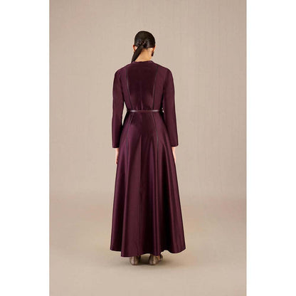 AMPM Burgundy Rumeha Abaya Jacket with Inner, Pant and Belt (Set of 4)