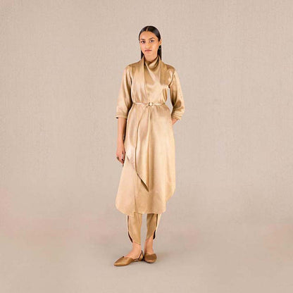 AMPM Ruhma Gold Textured 3/4th Sleeves Kurta with Dhoti and Belt (Set of 3)