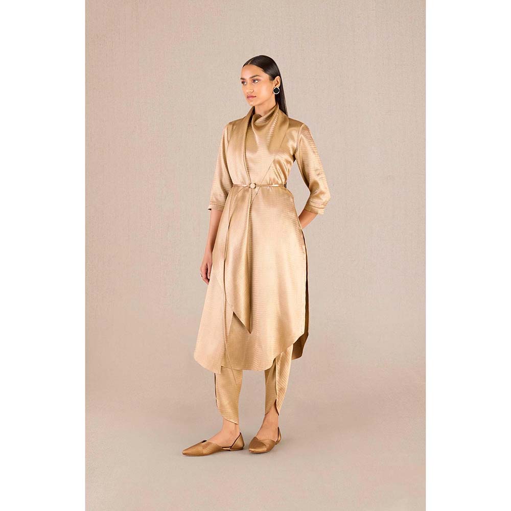 AMPM Ruhma Gold Textured 3/4th Sleeves Kurta with Dhoti and Belt (Set of 3)