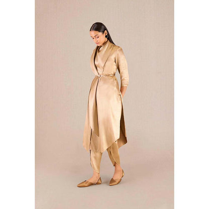 AMPM Ruhma Gold Textured 3/4th Sleeves Kurta with Dhoti and Belt (Set of 3)