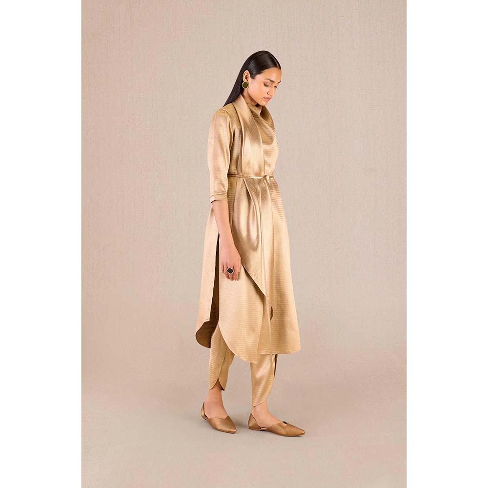 AMPM Ruhma Gold Textured 3/4th Sleeves Kurta with Dhoti and Belt (Set of 3)