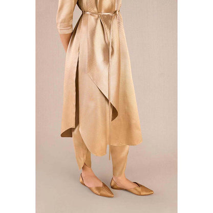 AMPM Ruhma Gold Textured 3/4th Sleeves Kurta with Dhoti and Belt (Set of 3)