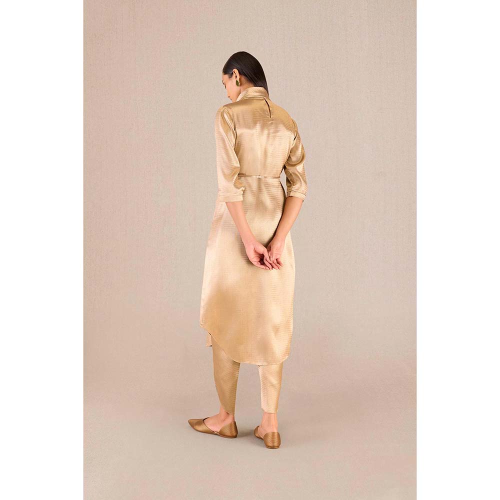 AMPM Ruhma Gold Textured 3/4th Sleeves Kurta with Dhoti and Belt (Set of 3)