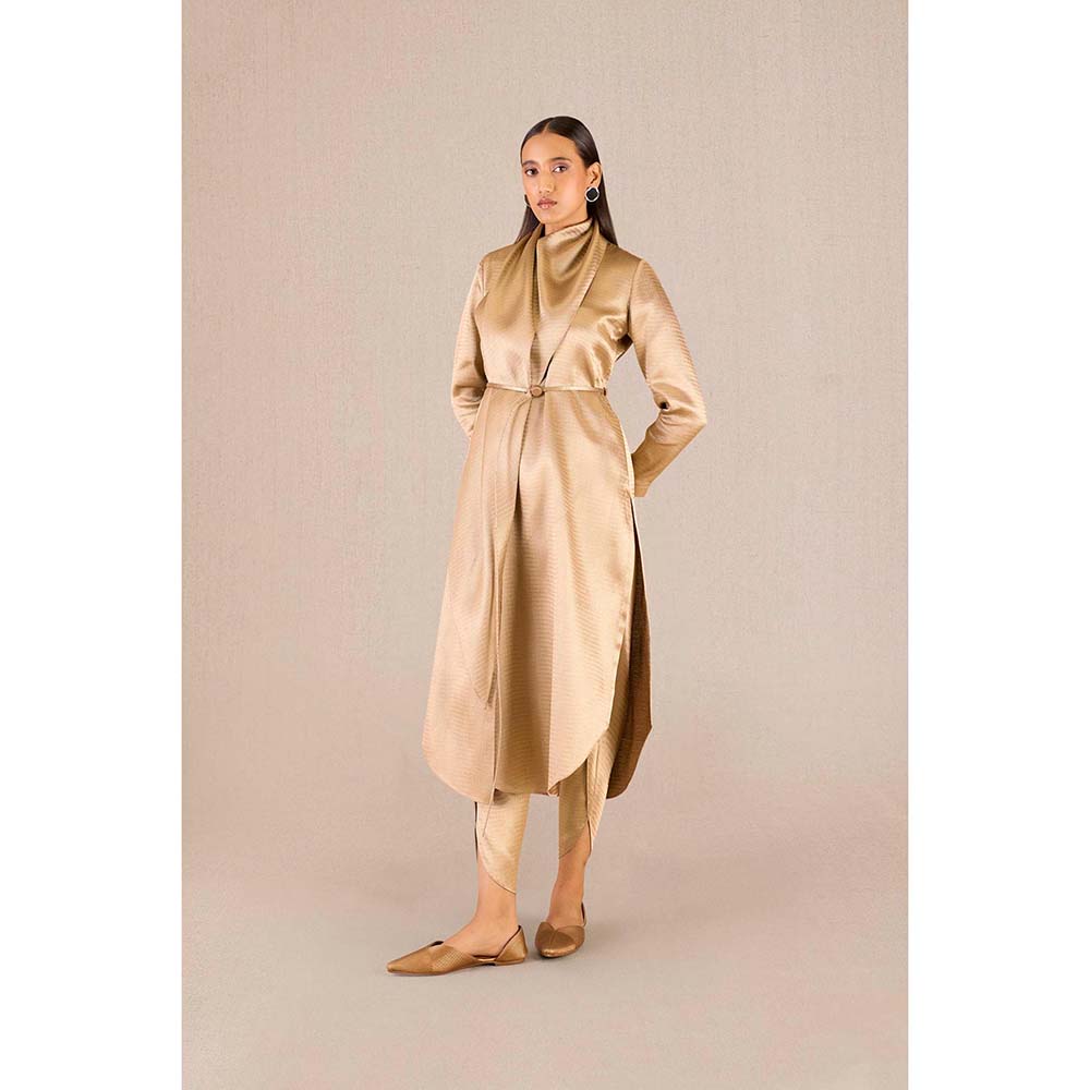 AMPM Ruhma Gold Textured Full Sleeves Kurta with Dhoti and Belt (Set of 3)