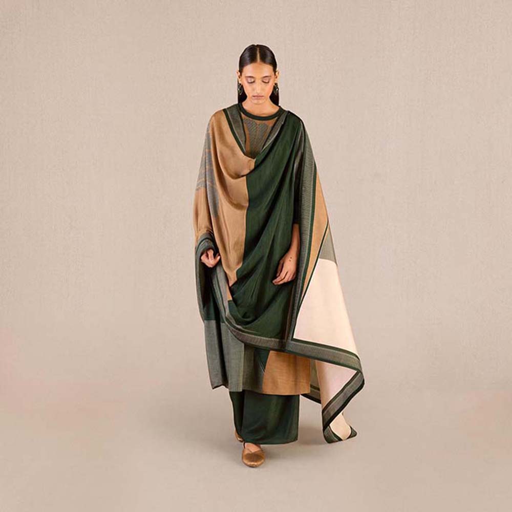 AMPM Sahira Green Colorblock Kurta with Palazzo and Dupatta (Set of 3)