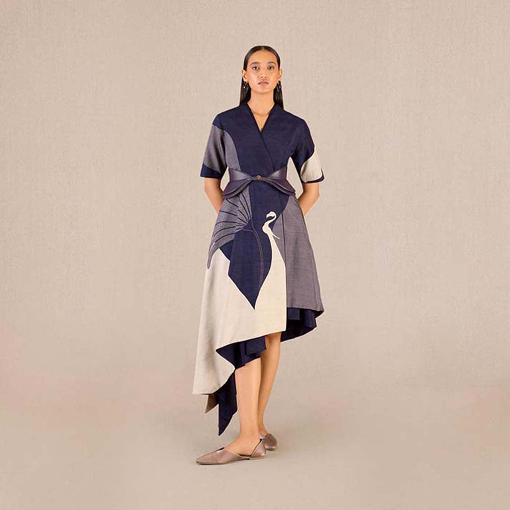 AMPM Serena Navy Blue Solid Dress with Jacket and Belt (Set of 3)