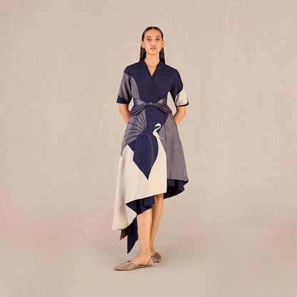 AMPM Serena Navy Blue Solid Dress with Jacket and Belt (Set of 3)