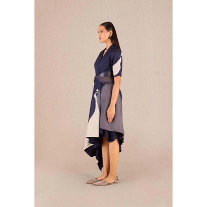 AMPM Serena Navy Blue Solid Dress with Jacket and Belt (Set of 3)