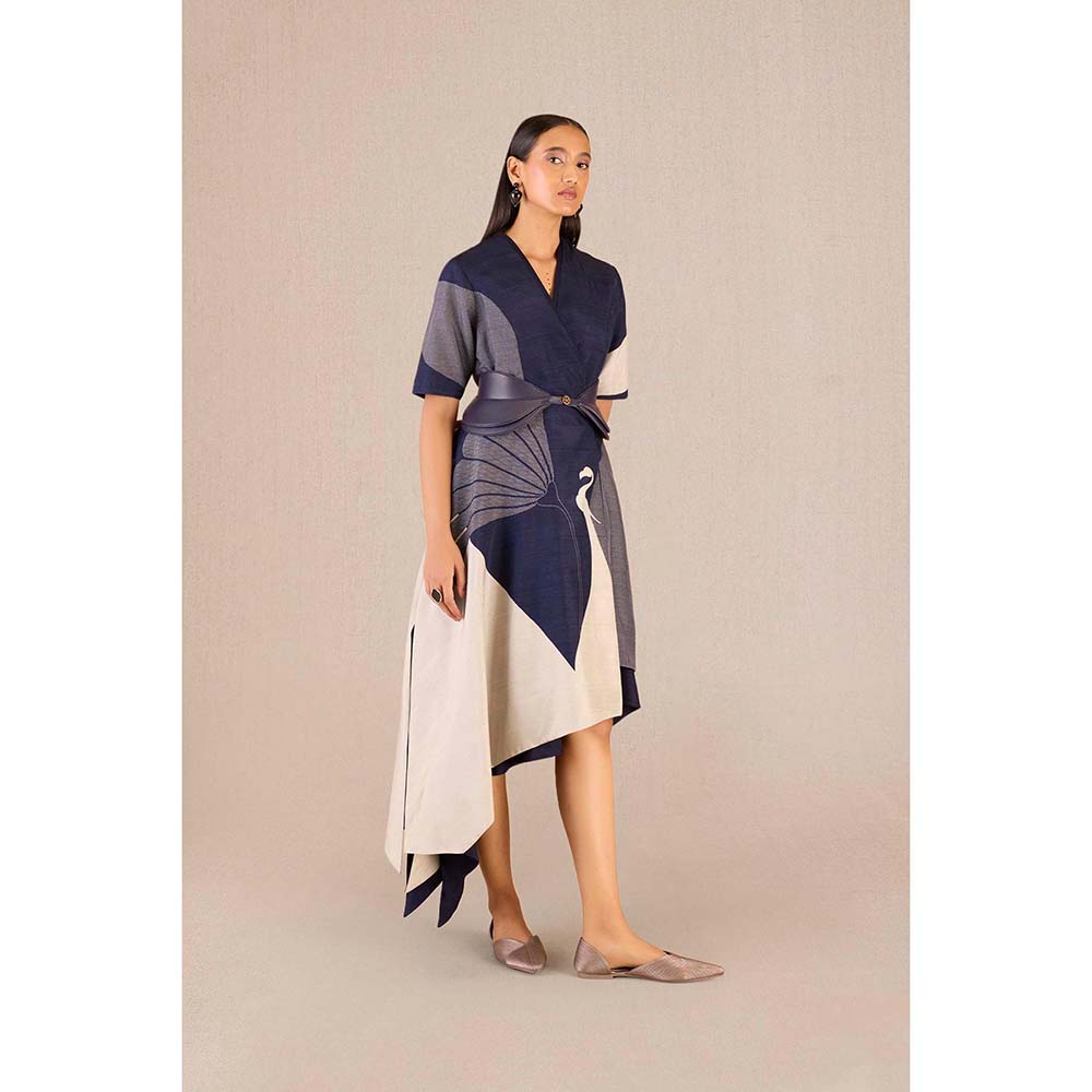 AMPM Serena Navy Blue Solid Dress with Jacket and Belt (Set of 3)