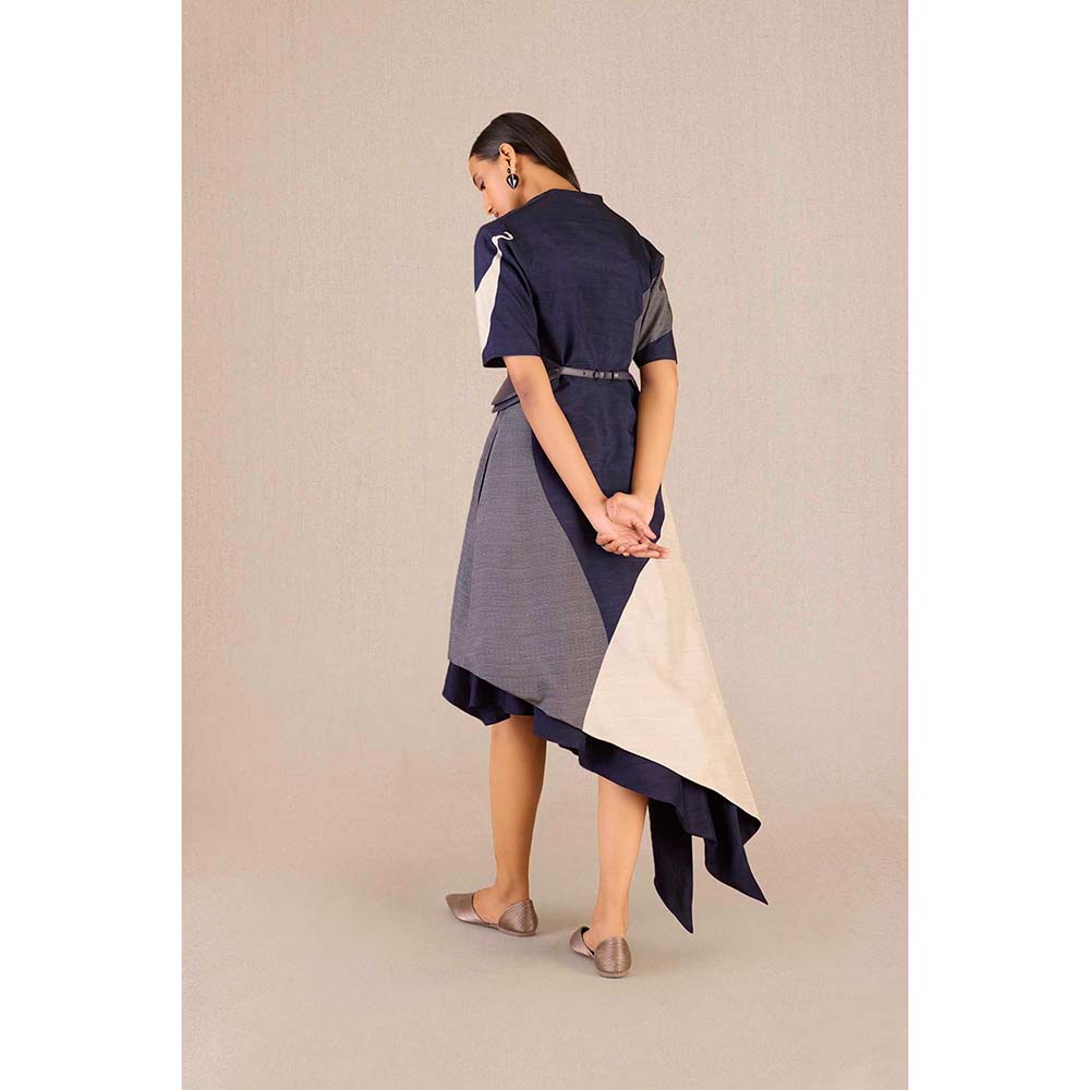 AMPM Serena Navy Blue Solid Dress with Jacket and Belt (Set of 3)