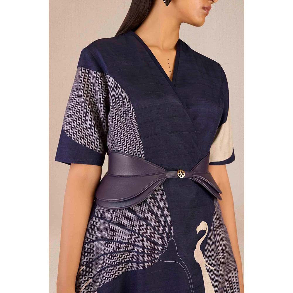 AMPM Serena Navy Blue Solid Dress with Jacket and Belt (Set of 3)