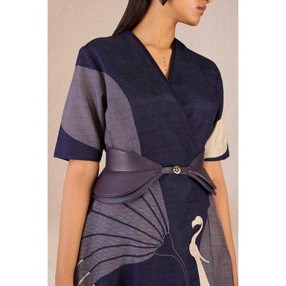 AMPM Serena Navy Blue Solid Dress with Jacket and Belt (Set of 3)