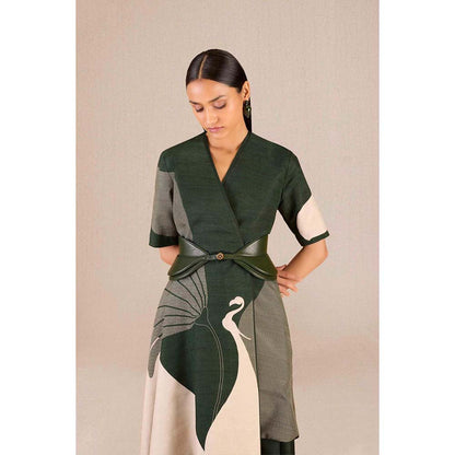 AMPM Serena Green Solid Dress with Jacket and Belt (Set of 3)