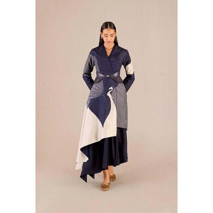 AMPM Serena Navy Blue Solid Full Sleeves Dress with Jacket and Belt (Set of 3)