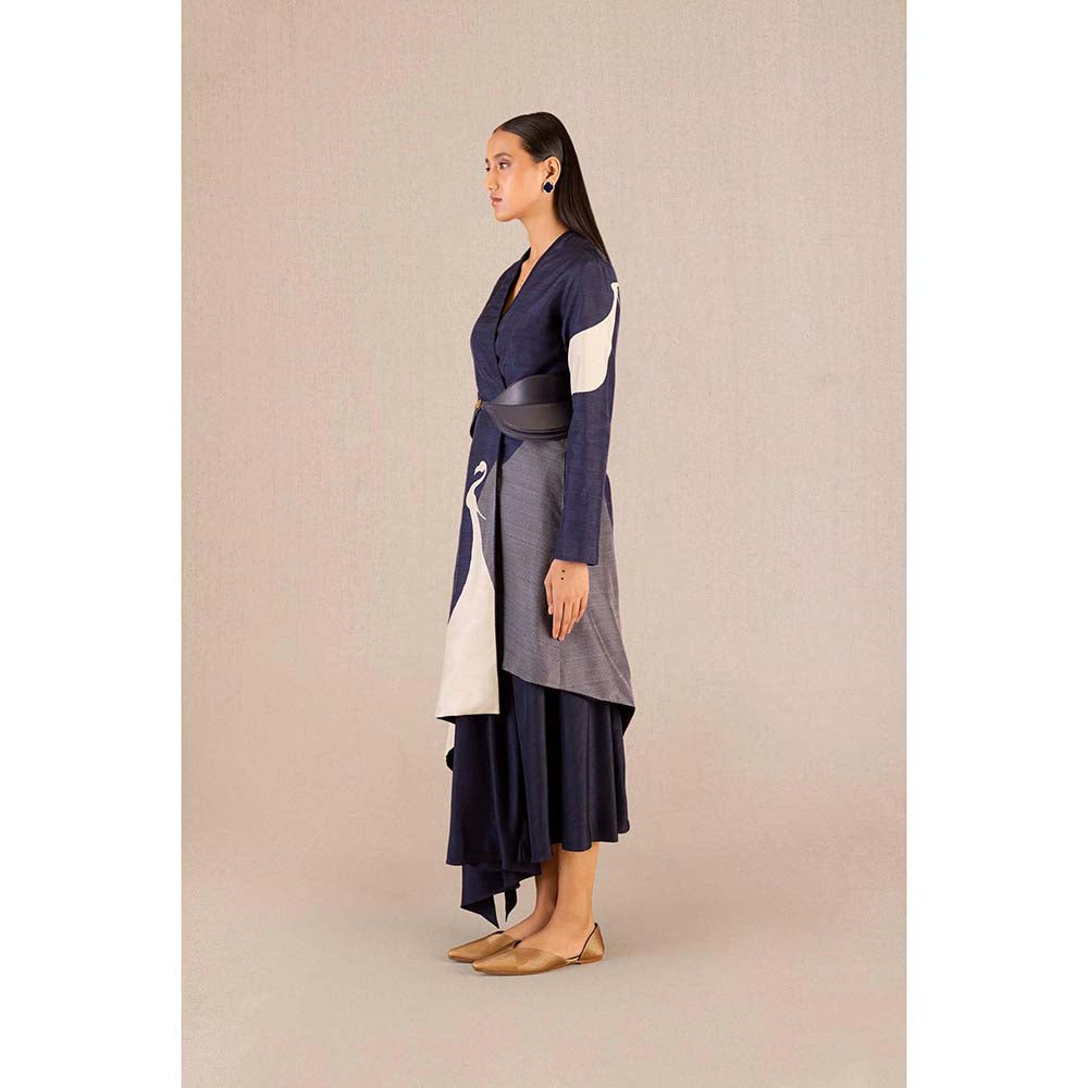 AMPM Serena Navy Blue Solid Full Sleeves Dress with Jacket and Belt (Set of 3)