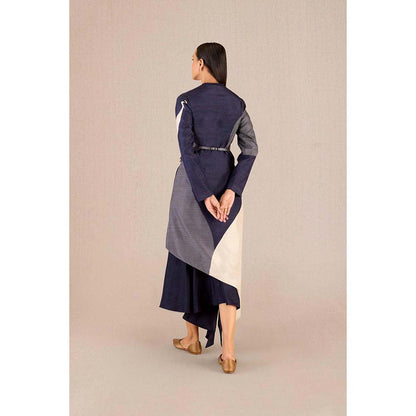 AMPM Serena Navy Blue Solid Full Sleeves Dress with Jacket and Belt (Set of 3)