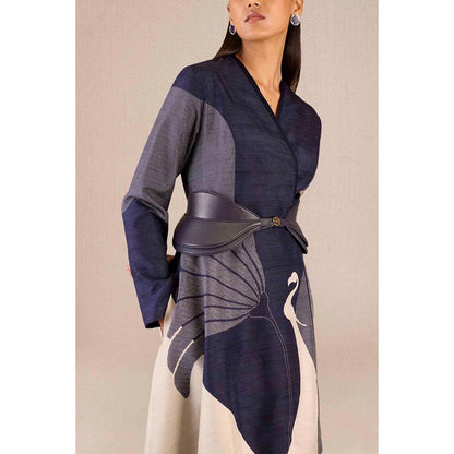 AMPM Serena Navy Blue Solid Full Sleeves Dress with Jacket and Belt (Set of 3)