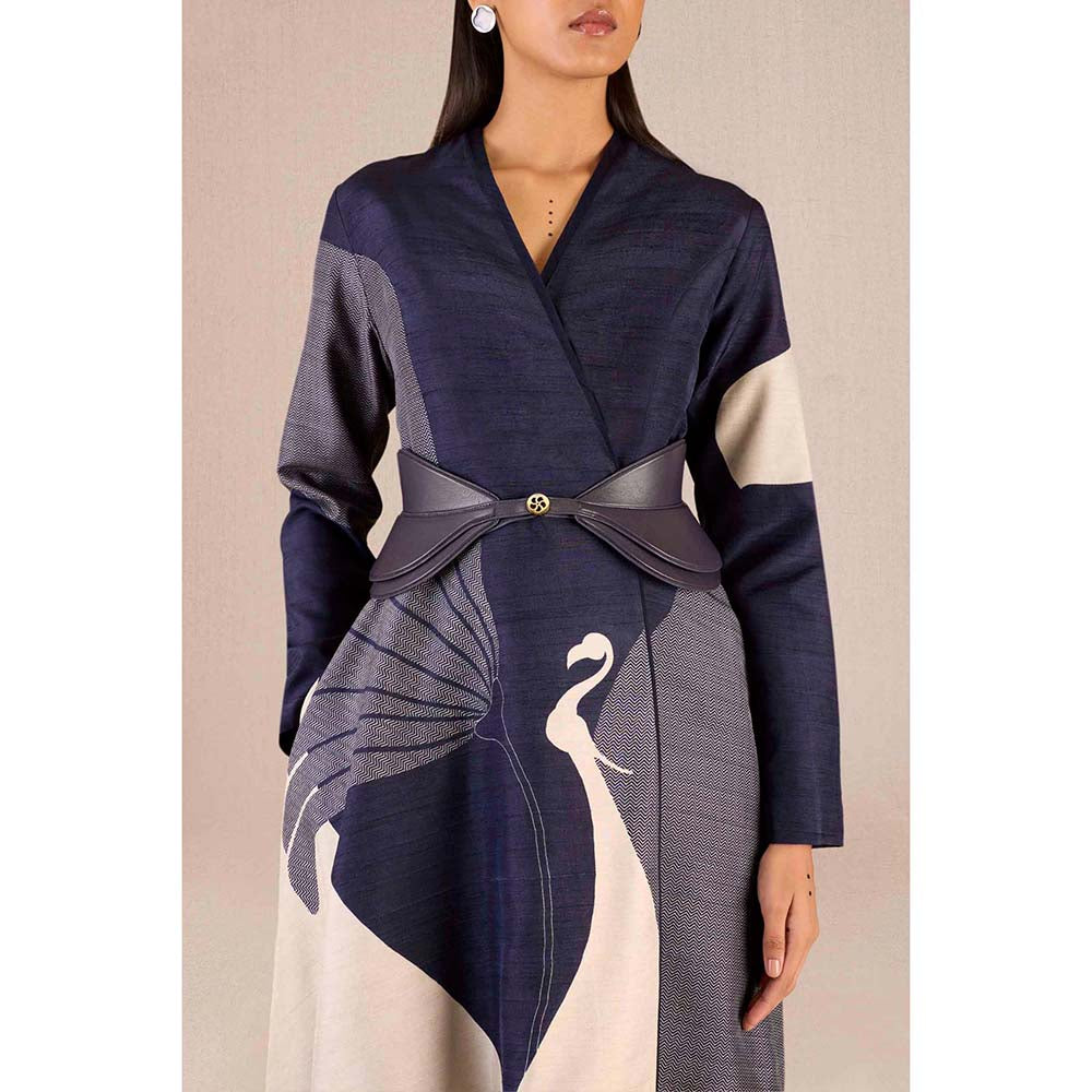 AMPM Serena Navy Blue Solid Full Sleeves Dress with Jacket and Belt (Set of 3)
