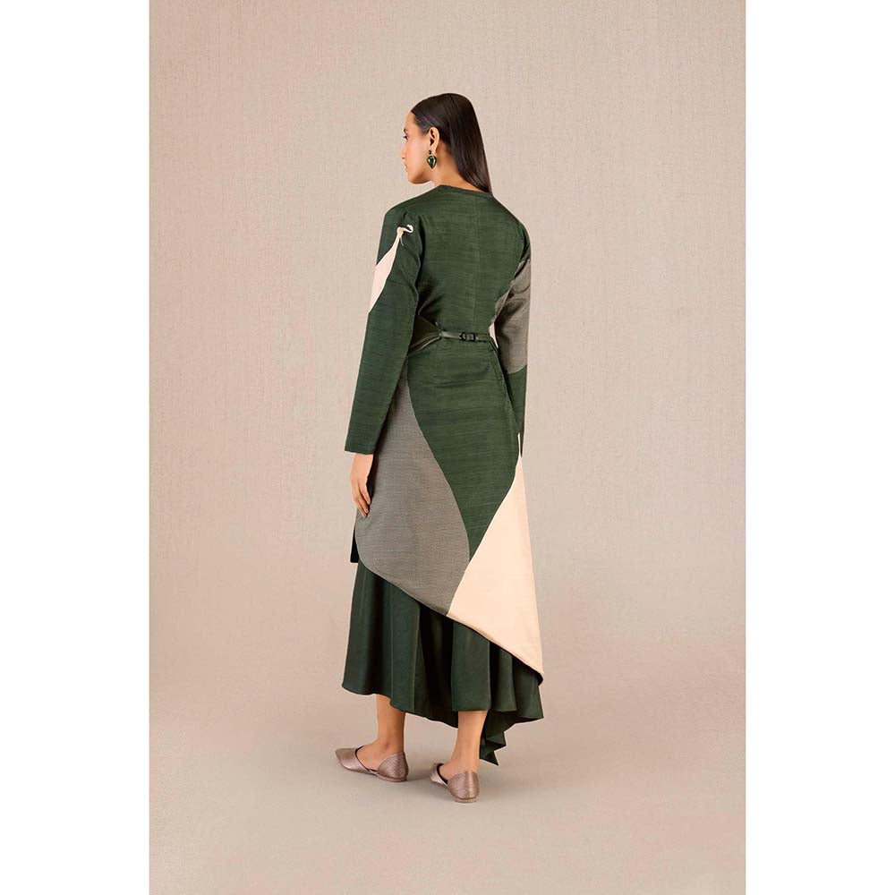 AMPM Serena Green Solid Full Sleeves Dress with Jacket and Belt (Set of 3)