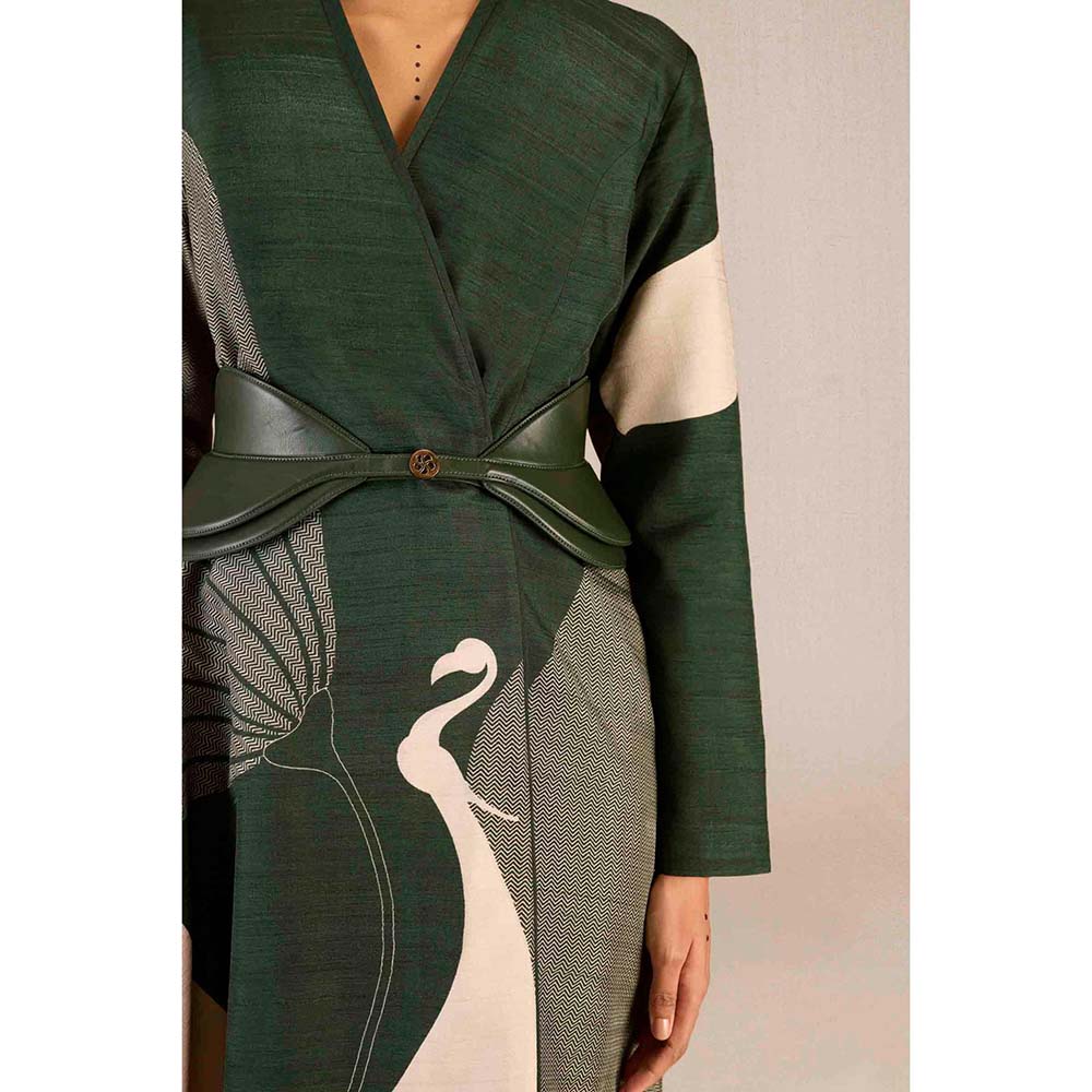 AMPM Serena Green Solid Full Sleeves Dress with Jacket and Belt (Set of 3)