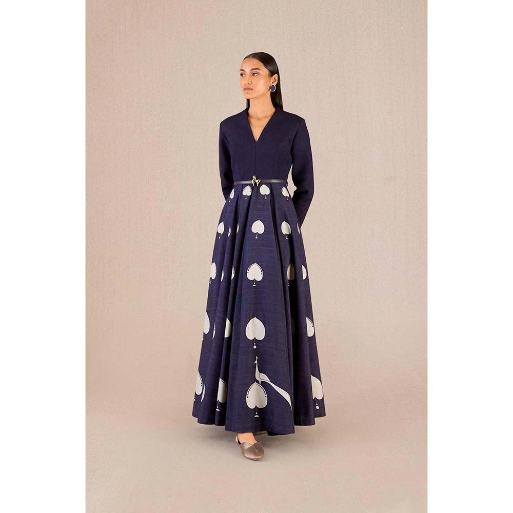 AMPM Sabra Navy Blue Printed Dress with Belt (Set of 2)