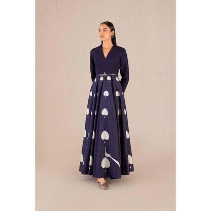 AMPM Sabra Navy Blue Printed Dress with Belt (Set of 2)