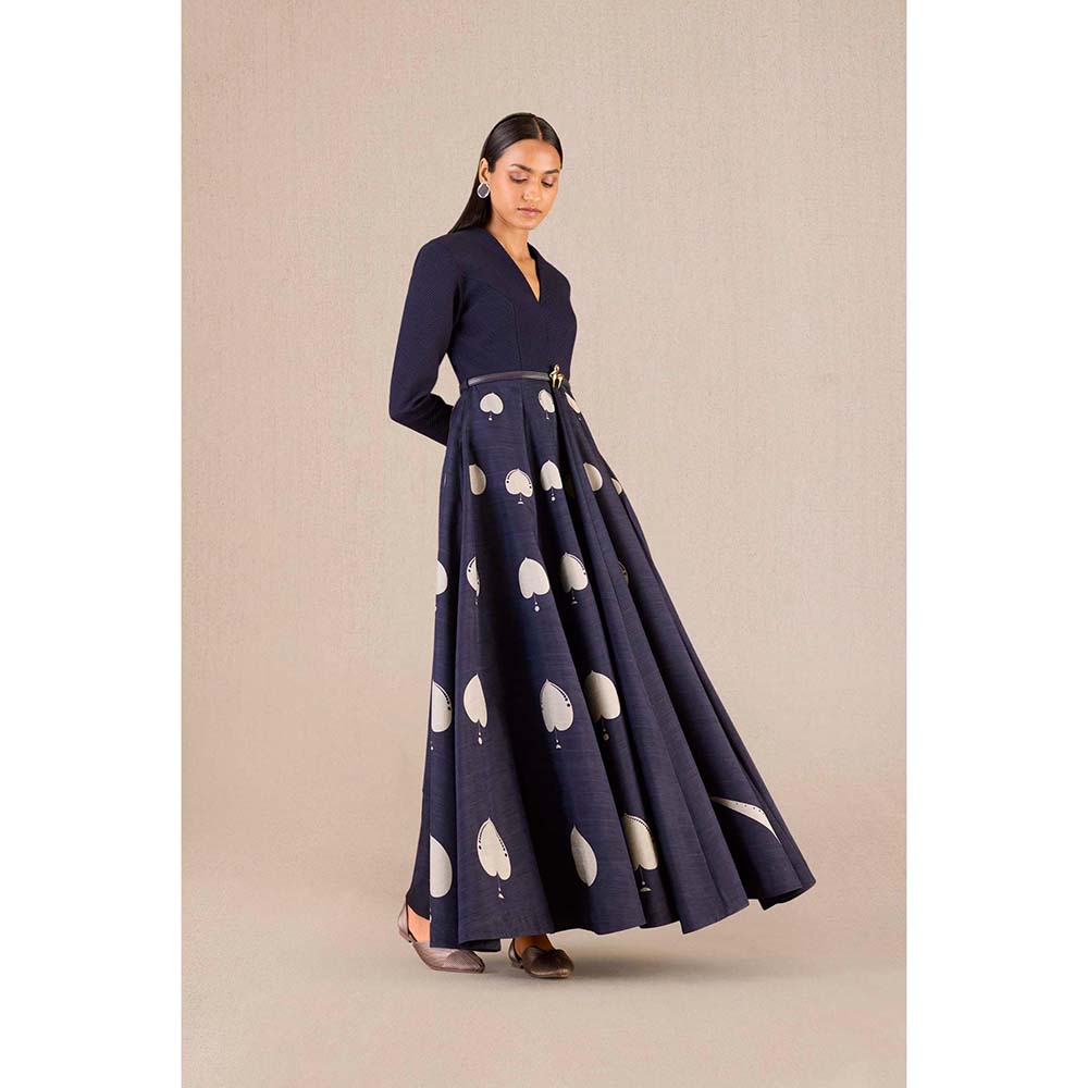AMPM Sabra Navy Blue Printed Dress with Belt (Set of 2)