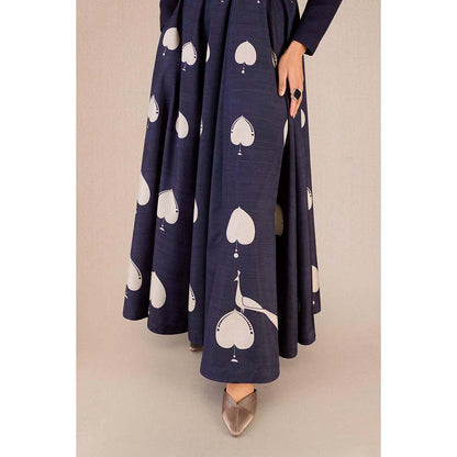 AMPM Sabra Navy Blue Printed Dress with Belt (Set of 2)