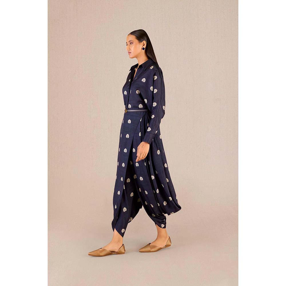 AMPM Emery Navy Blue Printed Shirt with Dhoti and Belt (Set of 3)