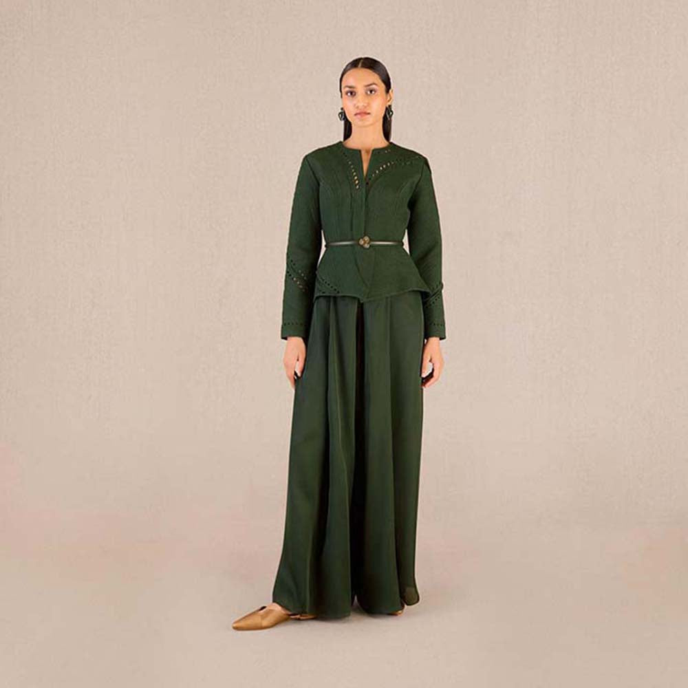 AMPM Rifat Green Textured Jacket with Palazzo and Belt (Set of 3)