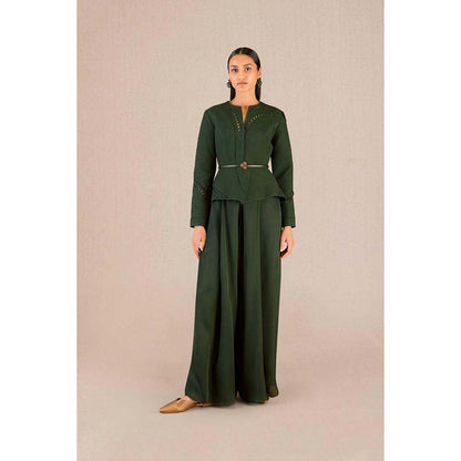 AMPM Rifat Green Textured Jacket with Palazzo and Belt (Set of 3)