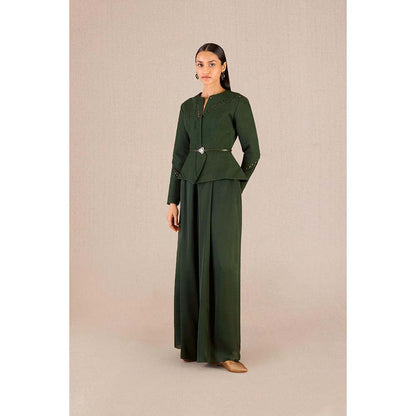 AMPM Rifat Green Textured Jacket with Palazzo and Belt (Set of 3)