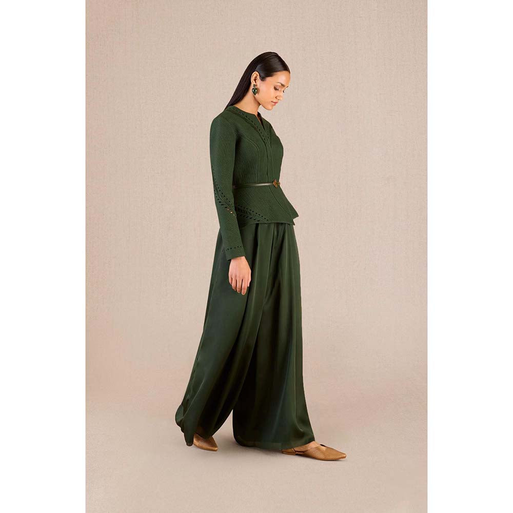 AMPM Rifat Green Textured Jacket with Palazzo and Belt (Set of 3)