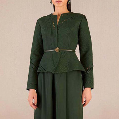 AMPM Rifat Green Textured Jacket with Palazzo and Belt (Set of 3)