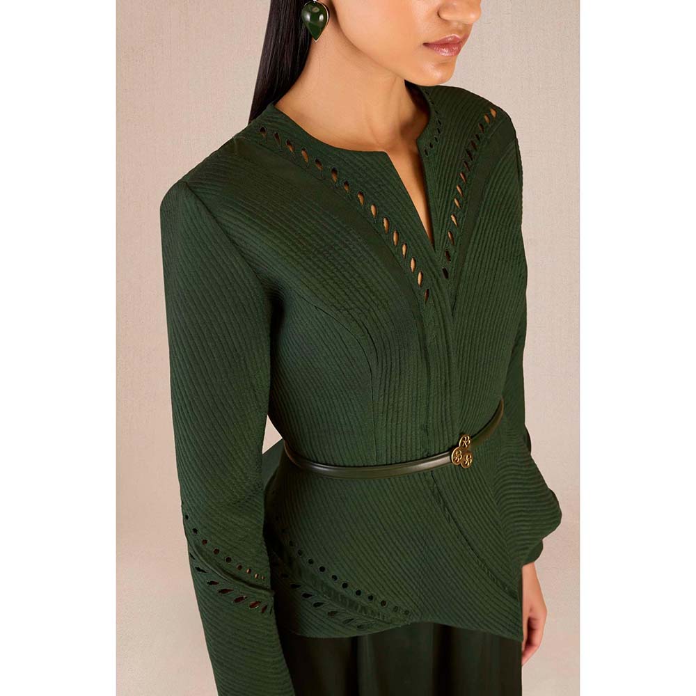 AMPM Rifat Green Textured Jacket with Palazzo and Belt (Set of 3)