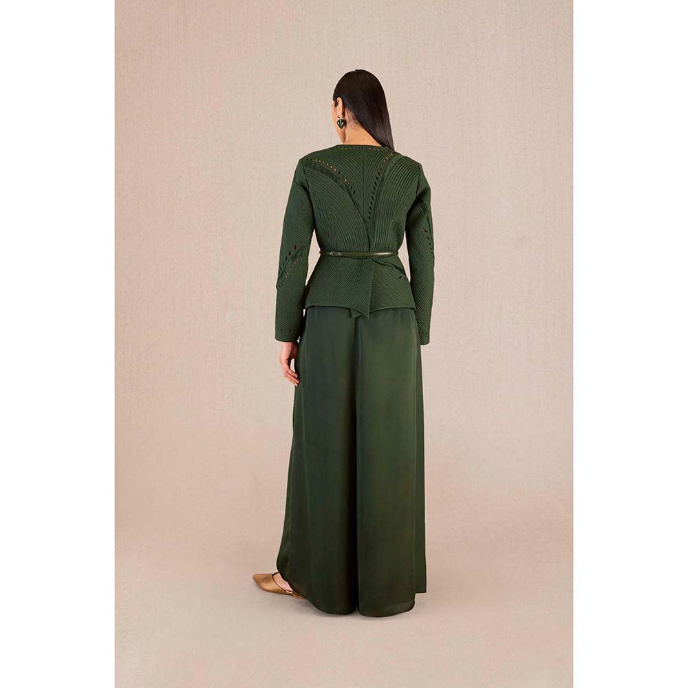 AMPM Rifat Green Textured Jacket with Palazzo and Belt (Set of 3)