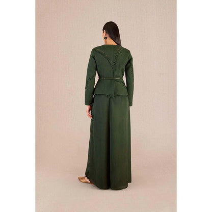 AMPM Rifat Green Textured Jacket with Palazzo and Belt (Set of 3)