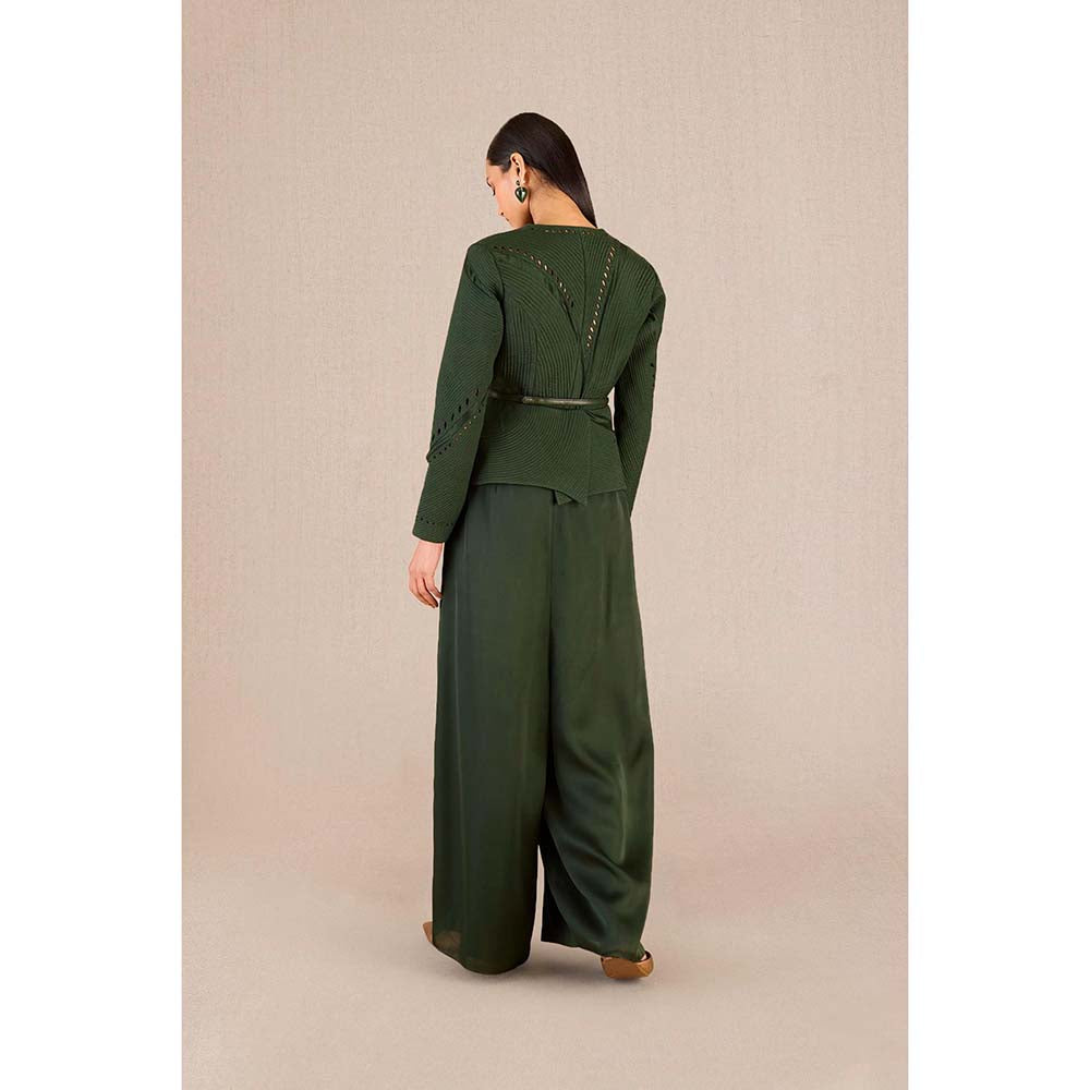 AMPM Rifat Green Textured Jacket with Palazzo and Belt (Set of 3)