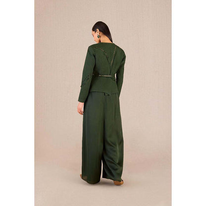 AMPM Rifat Green Textured Jacket with Palazzo and Belt (Set of 3)