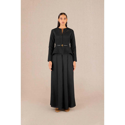 AMPM Rifat Black Textured Jacket with Palazzo and Belt (Set of 3)