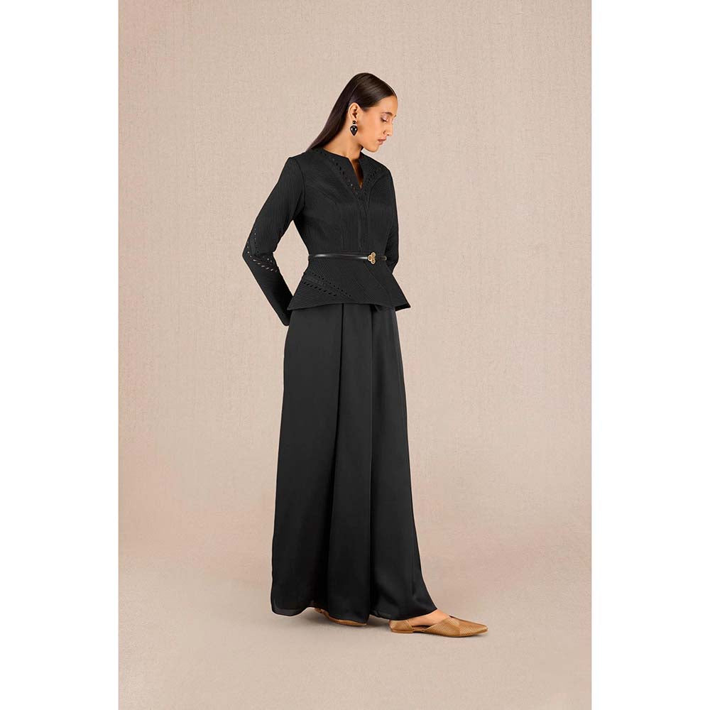 AMPM Rifat Black Textured Jacket with Palazzo and Belt (Set of 3)